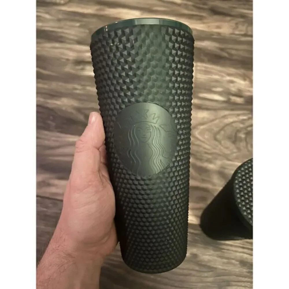Bundle Starbucks 2022 Studded Matte Dark Green 24oz Tumbler Cold Cup Venti 1 Lid